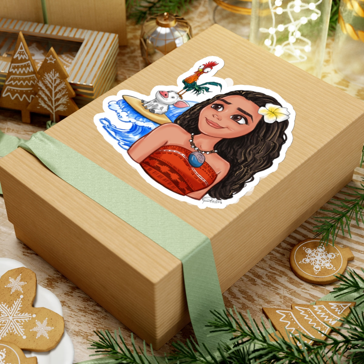Moana, Hei Hei, and Pua on a Surfboard Sticker