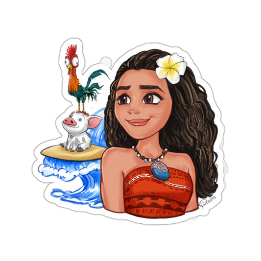Moana, Hei Hei, and Pua on a Surfboard Sticker