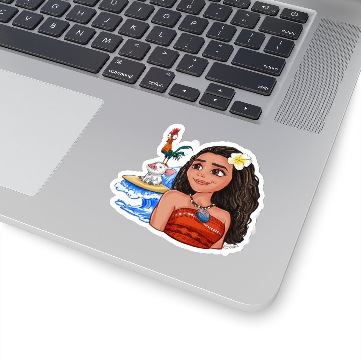 Moana, Hei Hei, and Pua on a Surfboard Sticker