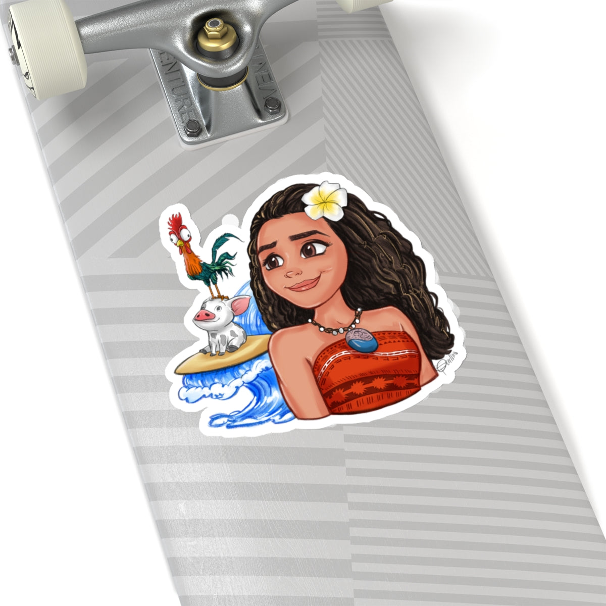 Moana, Hei Hei, and Pua on a Surfboard Sticker
