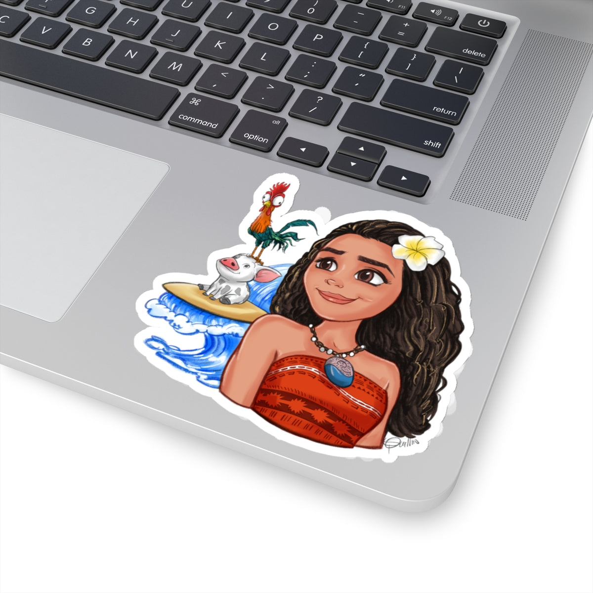 Moana, Hei Hei, and Pua on a Surfboard Sticker