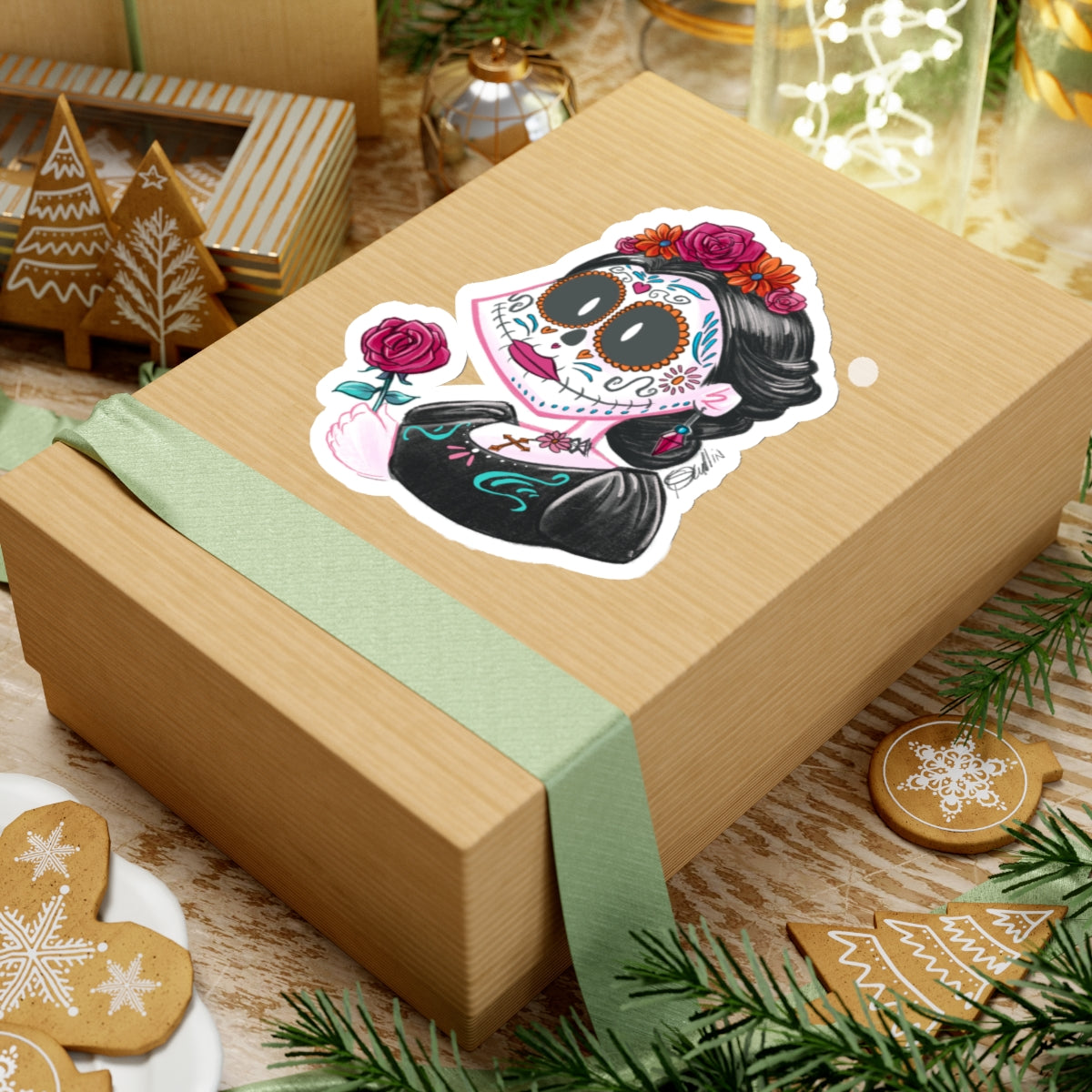 Floral Skull Girl Dia de los Muertos Kiss-Cut Stickers